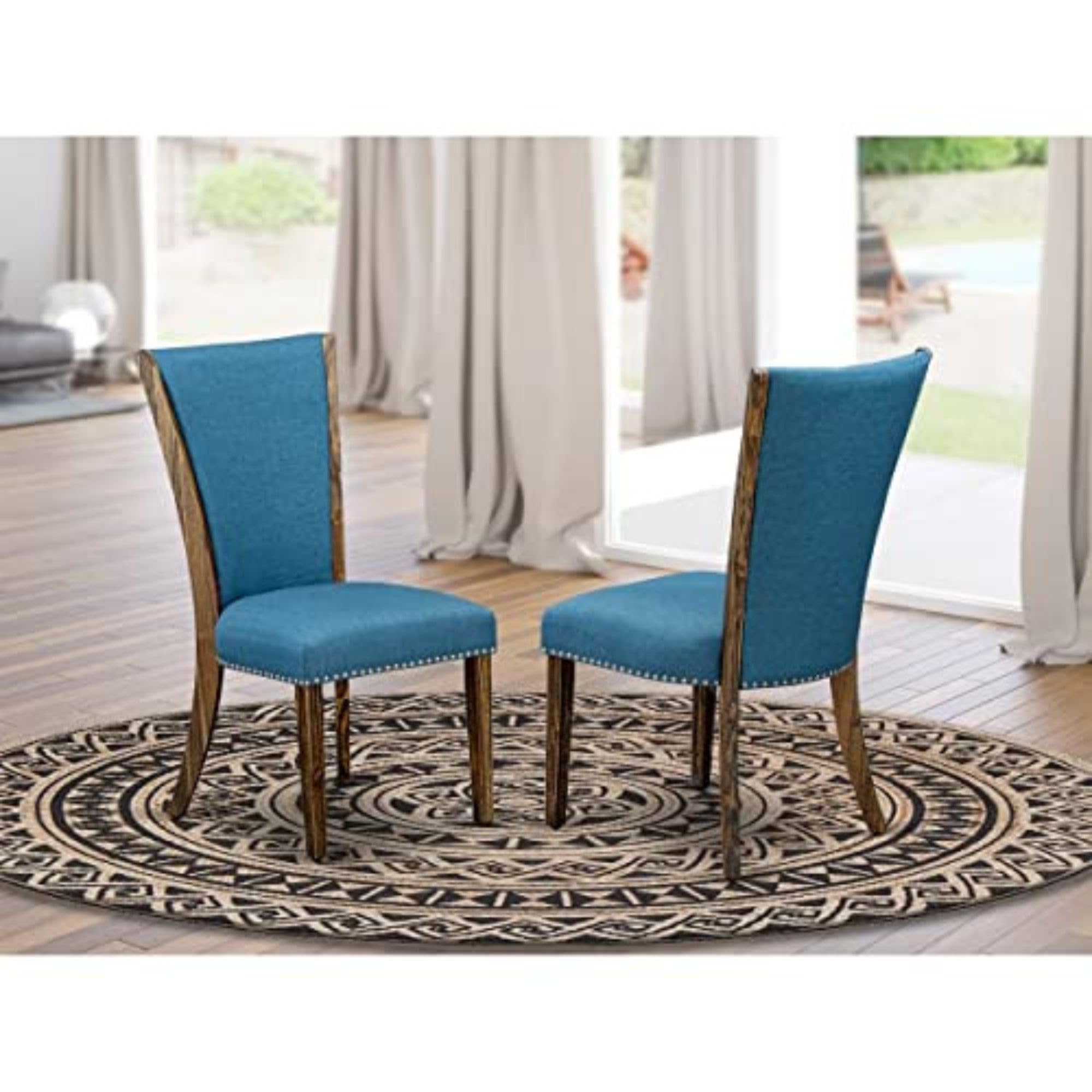 East West Furniture Vep7T21 Verona Parson Kitchen Chairs - Nailhead Trim Blue Color Linen Fabric Upholstered Dining Chairs, Set Of 2, Jacobean